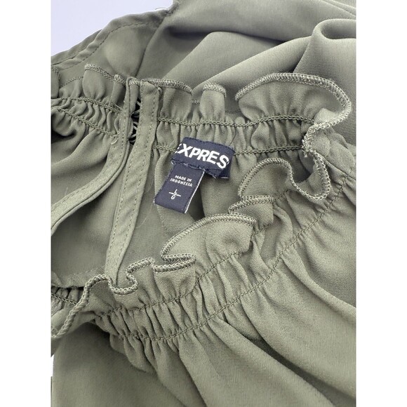 Express Women's Ruffle Mock Neck Blouse Olive Green L, Back Button Detail - Picture 6 of 7